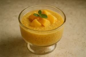 Creamy Mango Tapioca Pudding served in a bowl, topped with fresh mango slices and a sprinkle of coconut.