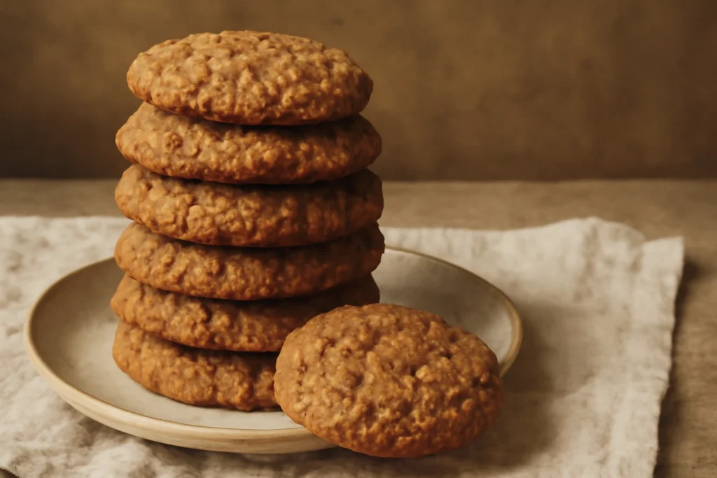Freshly baked oatmeal cookies on a plate, with golden-brown edges and chewy texture.