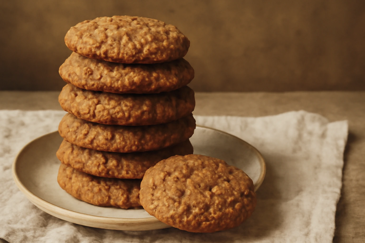 Freshly baked oatmeal cookies on a plate, with golden-brown edges and chewy texture.