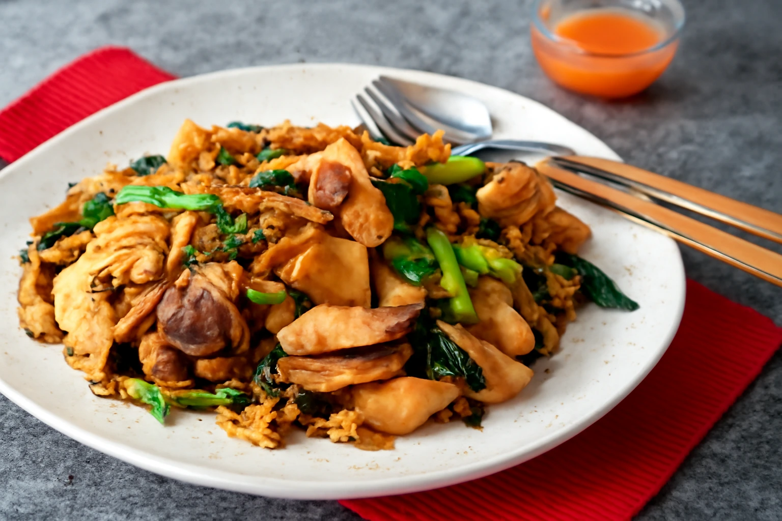 A plate of Pad See Ew with stir-fried rice noodles, chicken, and vegetables, served with a lime wedge.