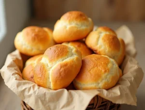 Freshly baked, soft and fluffy bread rolls on a cooling rack.