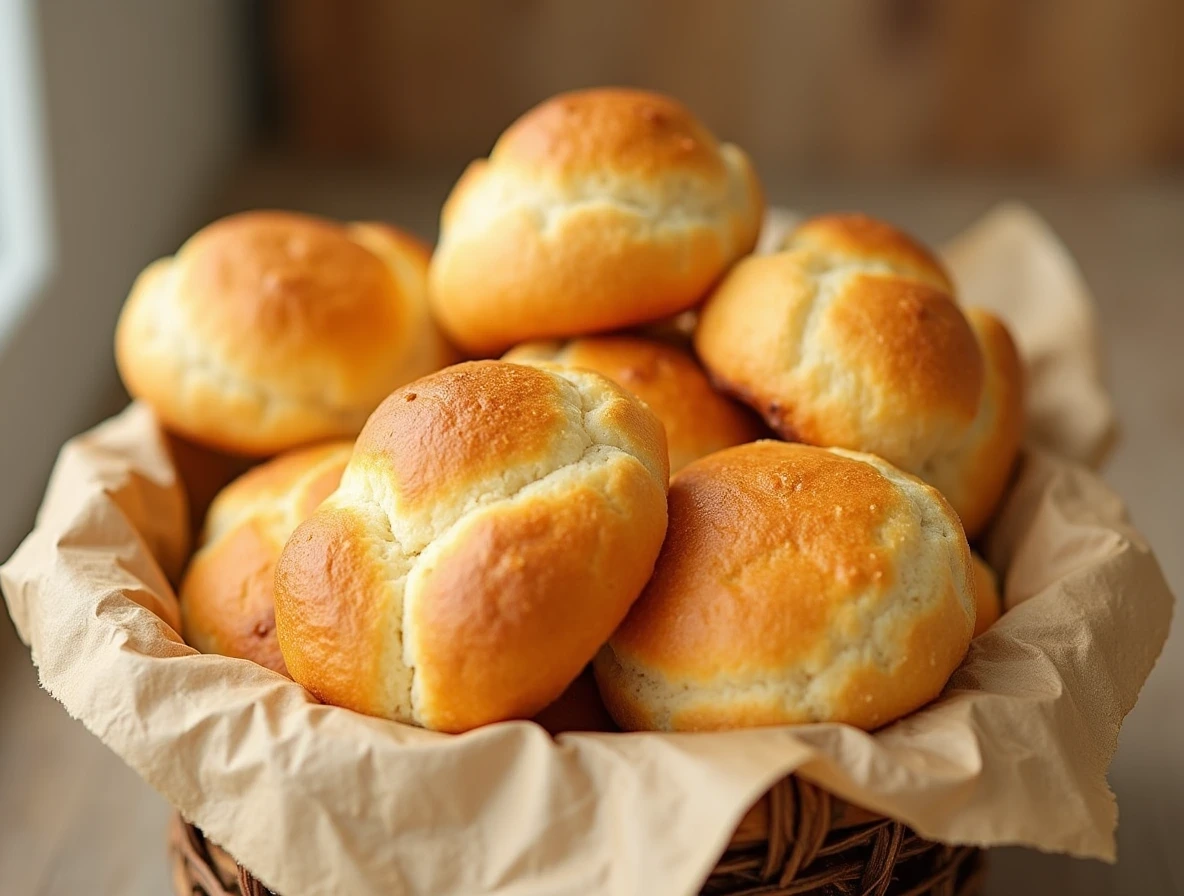 Freshly baked, soft and fluffy bread rolls on a cooling rack.