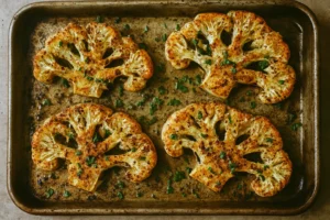Cheesy roasted cauliflower steaks with melted cheese and fresh herbs