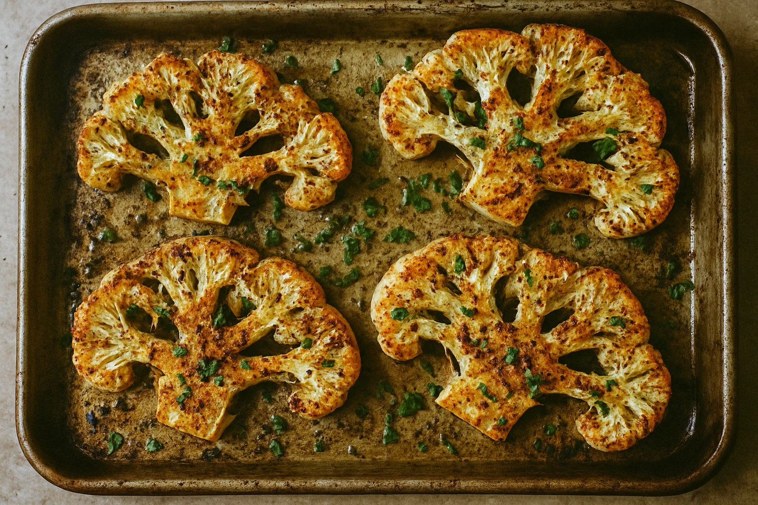 Cheesy roasted cauliflower steaks with melted cheese and fresh herbs