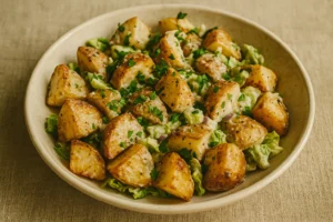 Creamy roasted potato salad with cucumber, fresh herbs, and a tangy dressing, perfect for any meal.