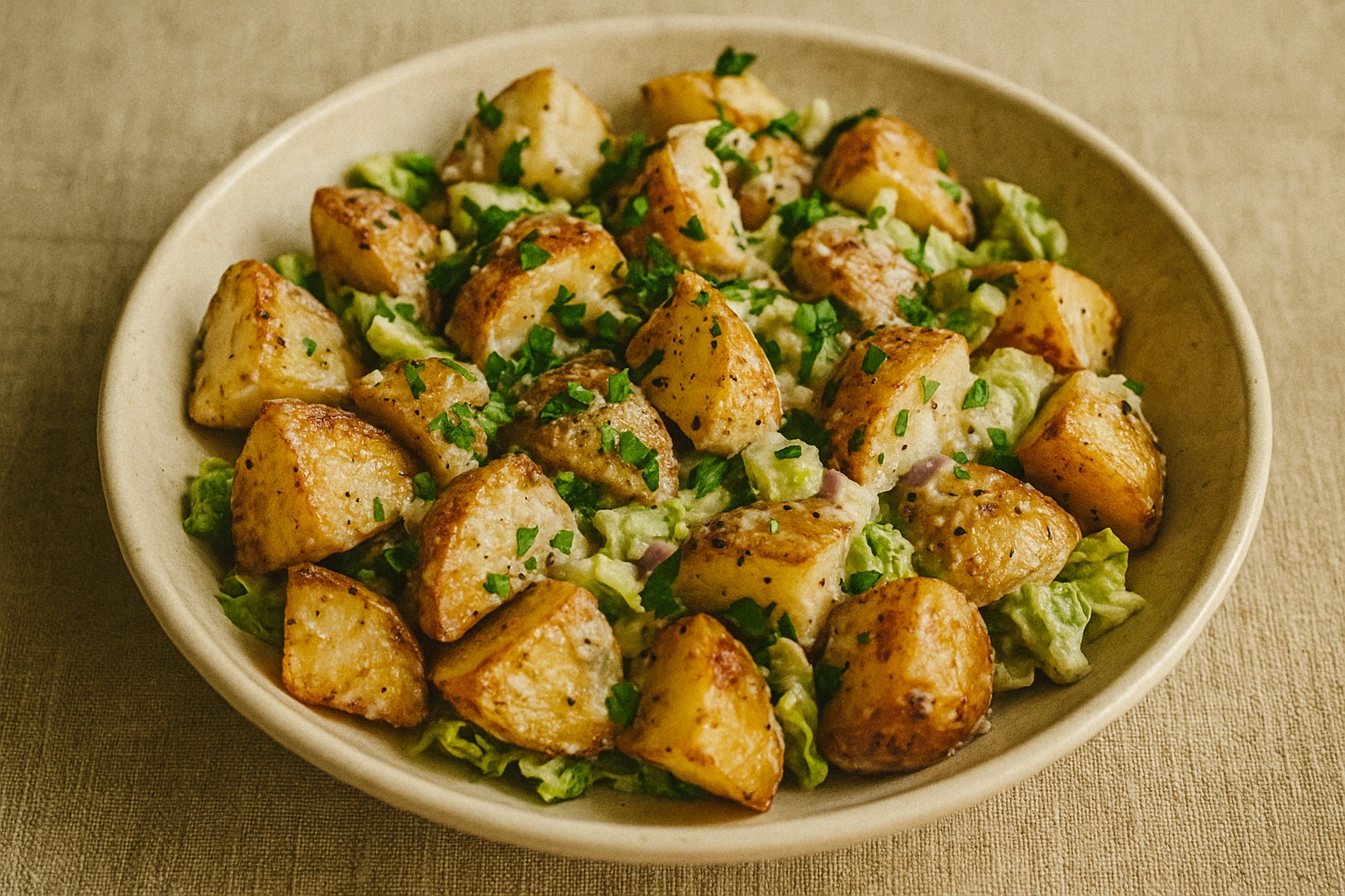 Creamy roasted potato salad with cucumber, fresh herbs, and a tangy dressing, perfect for any meal.