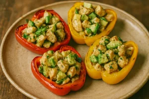 Avocado Chicken Stuffed Peppers on a plate with cilantro garnish