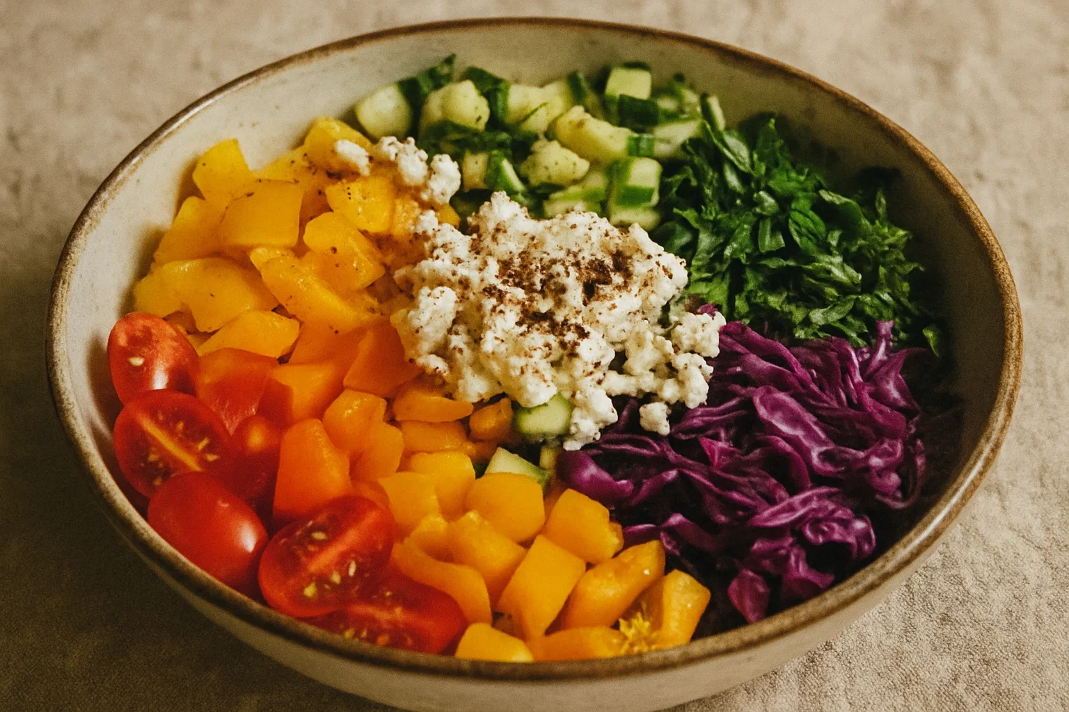 Rainbow Vegetable Salad with Feta and Sumac, showcasing colorful fresh vegetables, feta cheese, and a zesty sumac dressing.