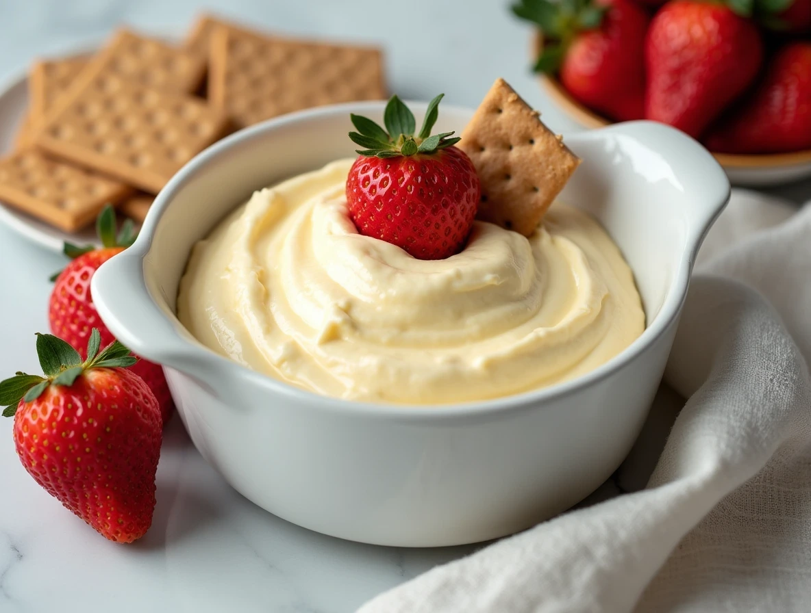 Creamy cheesecake dip in a white ceramic bowl topped with a strawberry and graham cracker, surrounded by more strawberries and graham crackers on a light surface