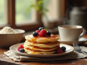 Stack of fluffy sourdough discard pikelets topped with berries and syrup on a rustic breakfast table