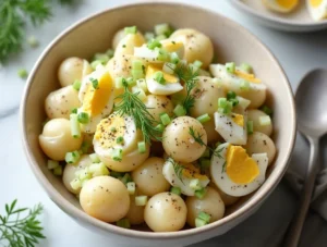 Bowl of creamy potato salad with dill and eggs served at an outdoor summer picnic
