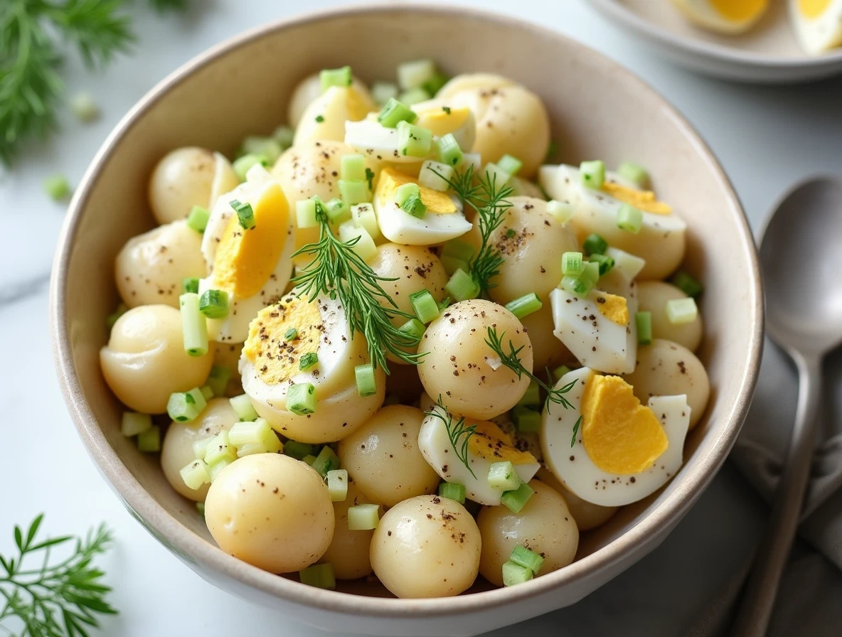 Bowl of creamy potato salad with dill and eggs served at an outdoor summer picnic