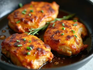 Close-up of golden-brown, crispy chicken thighs with a beautifully seared texture, showcasing their glistening skin and tender interior.