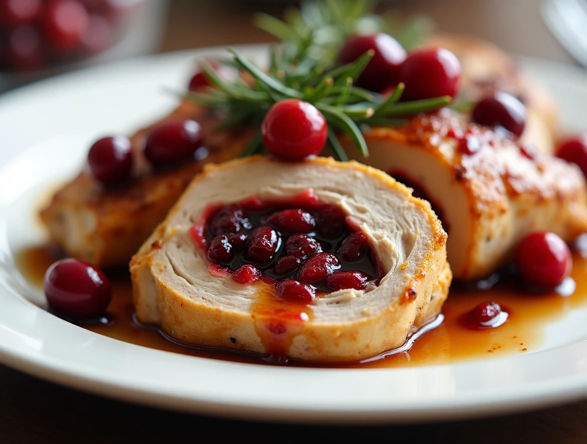 Close-up of juicy Cranberry Stuffed Chicken breast garnished with rosemary, served on a white plate with holiday sides