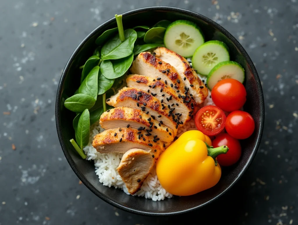 Overhead view of a colorful healthy chicken rice bowl with grilled chicken, vegetables, and brown rice in a ceramic dish.