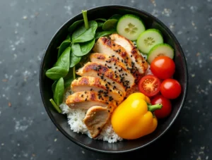 Overhead view of a colorful healthy chicken rice bowl with grilled chicken, vegetables, and brown rice in a ceramic dish.