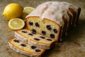 Lemon Blueberry Loaf Cake with Glaze, Fresh blueberries and tangy lemon glaze on top of a homemade loaf cake
