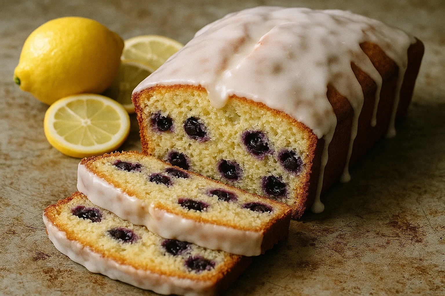 Lemon Blueberry Loaf Cake with Glaze, Fresh blueberries and tangy lemon glaze on top of a homemade loaf cake