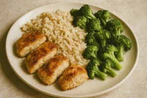 One-pan chicken rice broccoli dish with vibrant vegetables and tender chicken, perfect for a healthy meal.