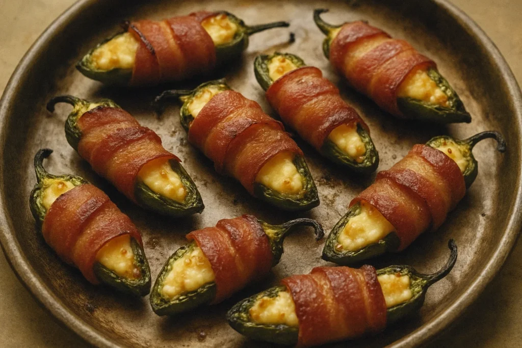 A plate of Bacon-Wrapped Jalapeños filled with creamy cheese and crispy bacon.