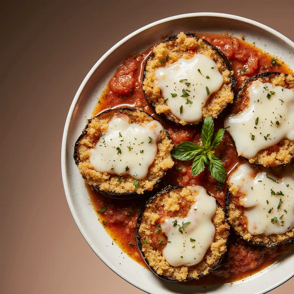 Crispy baked eggplant slices on a baking tray, golden and crunchy, served with dipping sauce