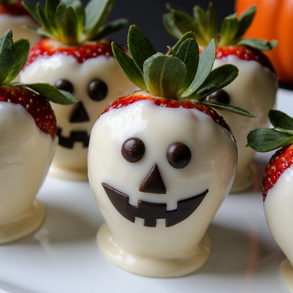 Halloween Strawberry White Chocolate Skulls dessert – festive white chocolate skulls with fresh strawberries