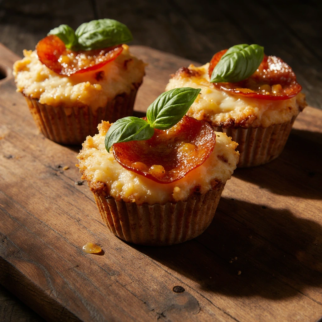 Freshly baked pizza cupcakes with melted cheese and pepperoni served in a muffin pan