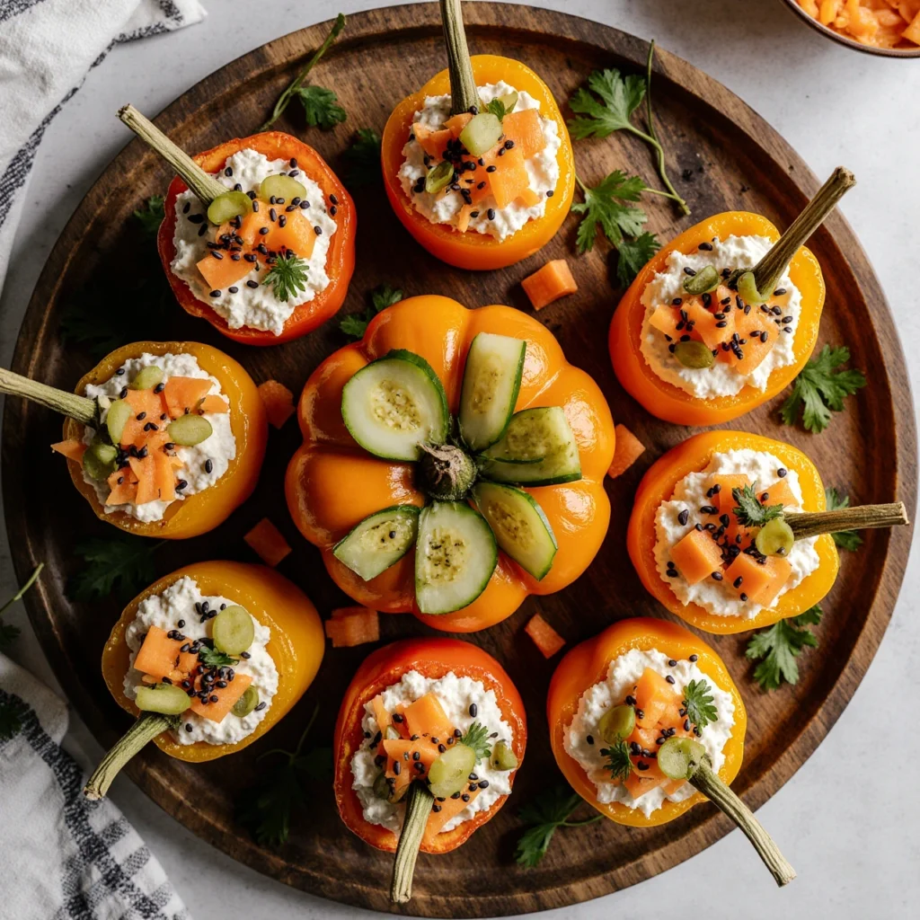 Mini bell peppers filled with creamy hummus, decorated with shredded carrots, cucumber, parsley, and pumpkin seeds on a wooden platter for Halloween.