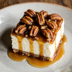 Maple Pecan Cheesecake Bars with creamy cheesecake filling, buttery crust, and glazed pecan topping – perfect Thanksgiving dessert.