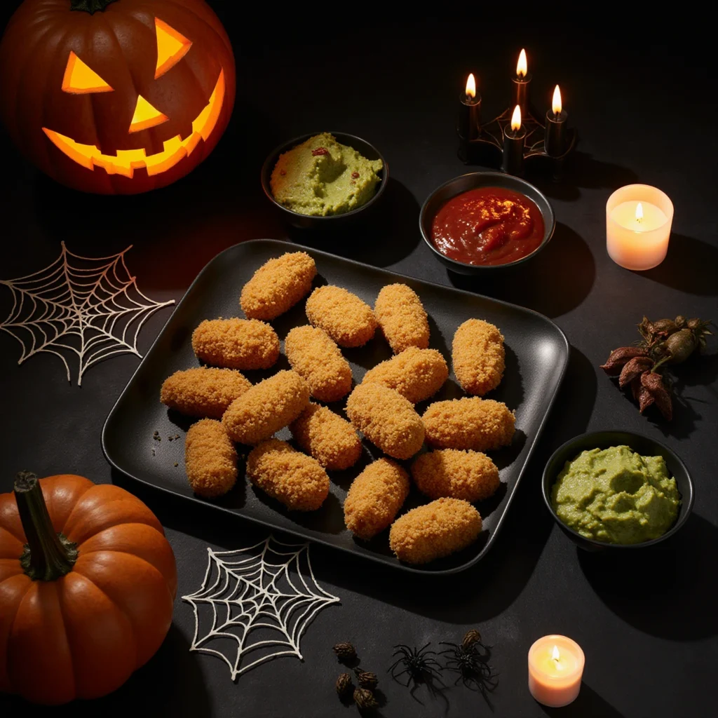 Bat-shaped chicken nuggets on a spooky Halloween platter with dipping sauces, pumpkins, and festive decorations