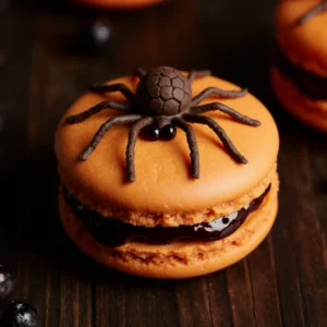 Delicious Halloween macarons decorated as pumpkins and ghosts