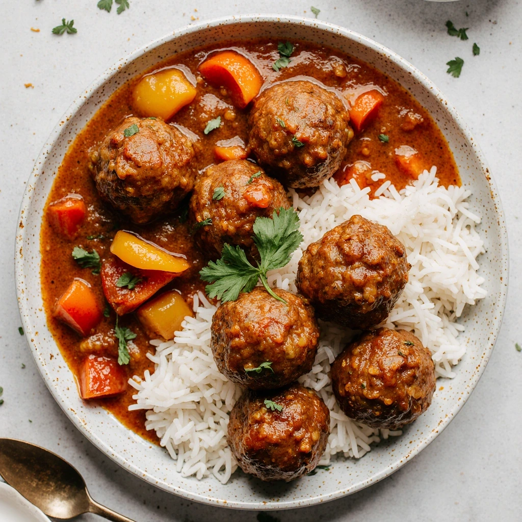 Sweet and Sour Meatballs served with rice and colorful bell peppers, garnished with parsley