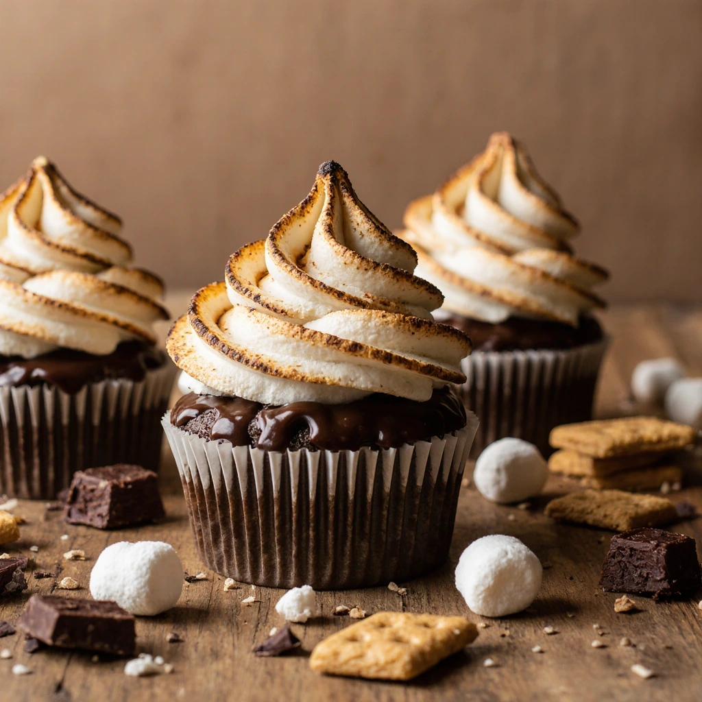 S’mores Cupcakes with chocolate ganache, marshmallows, and graham cracker crust