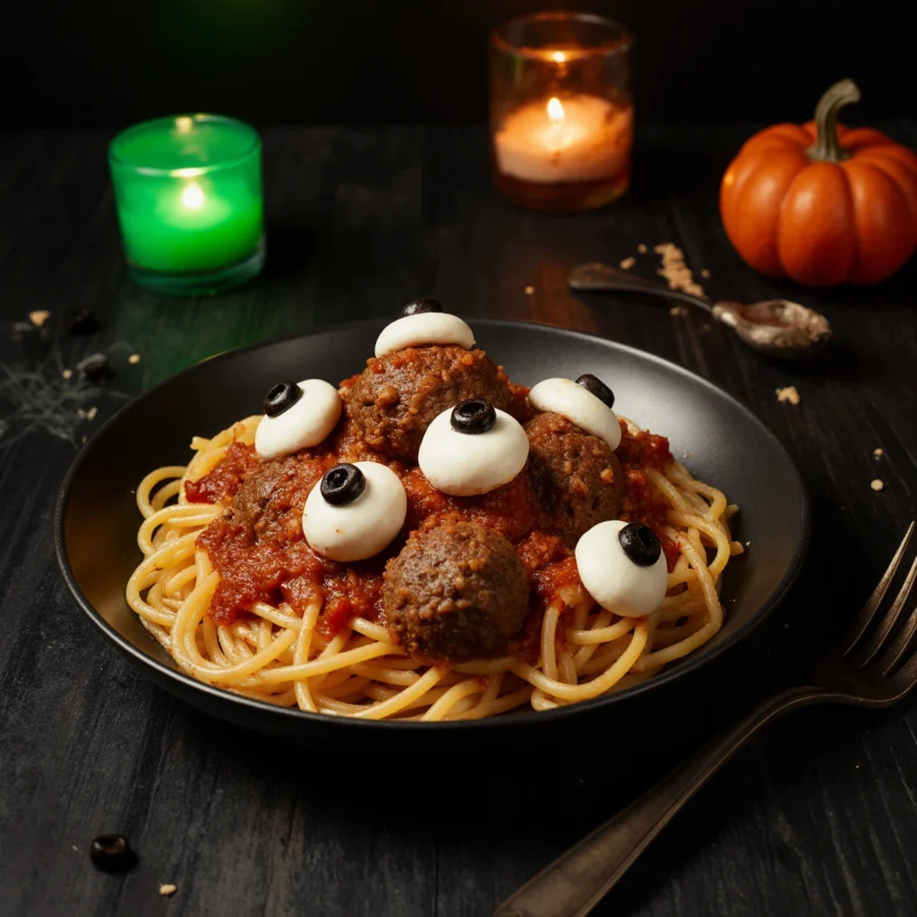 Spooky Halloween Monster Eyeball Pasta with meatballs and mozzarella “eyeballs” on red marinara sauce