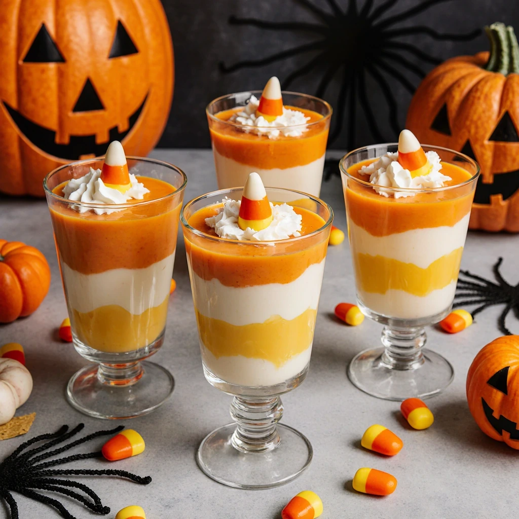 Candy Corn Jello Cups for Halloween – layered orange and yellow jello dessert topped with whipped cream and candy corn