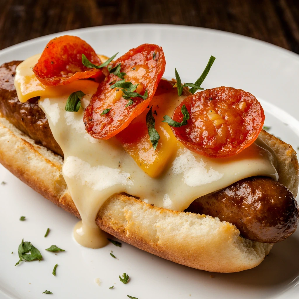 Crispy Air Fryer Pizza Dogs with melted cheese and pizza toppings – easy Pizza Dogs Recipe